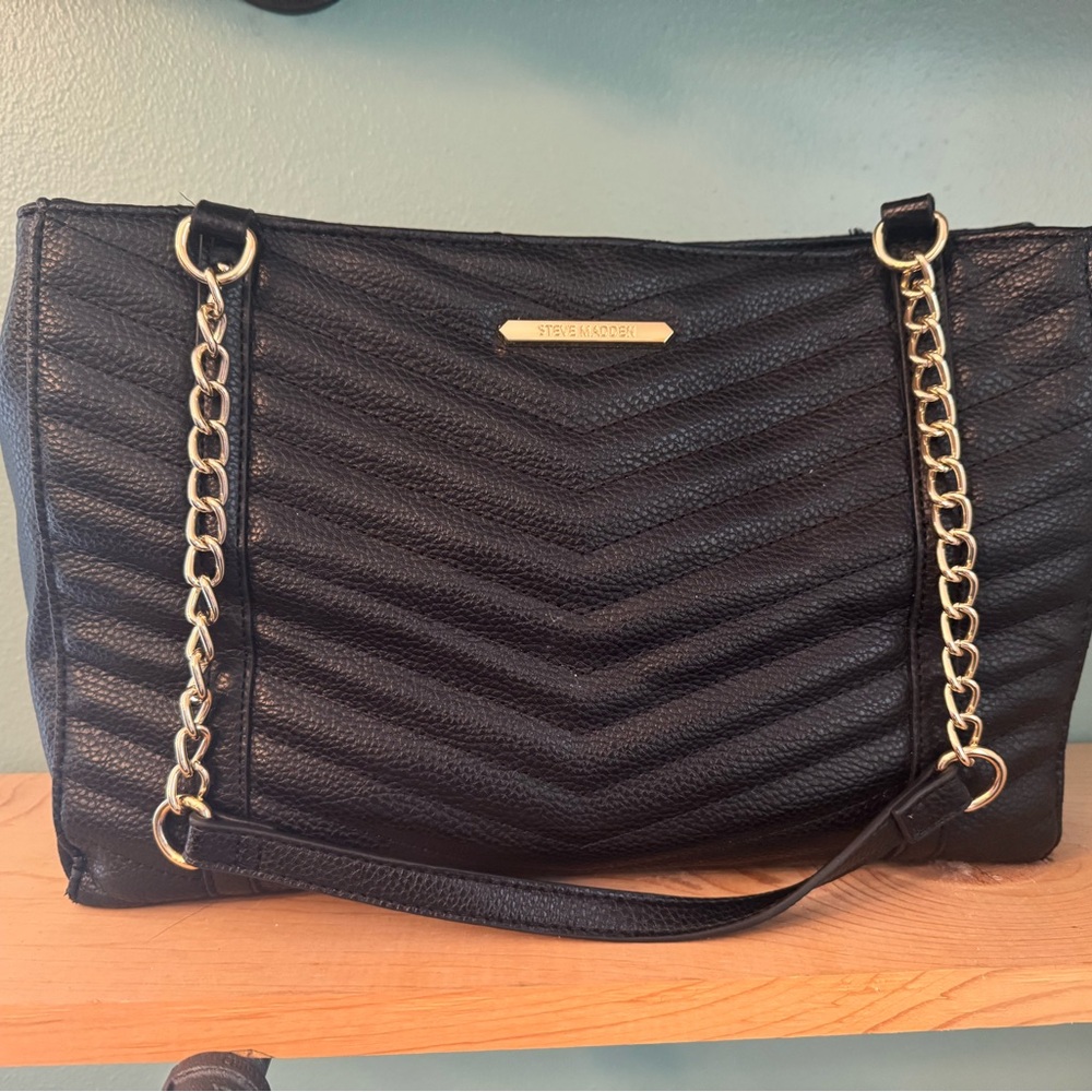 Steve Madden Black Quilted Shoulder Bag with Gold Chain Straps